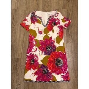 Trina Turk Floral Fringe Shift Dress Size 8 Pink Red Olive Short Sleeve Mini